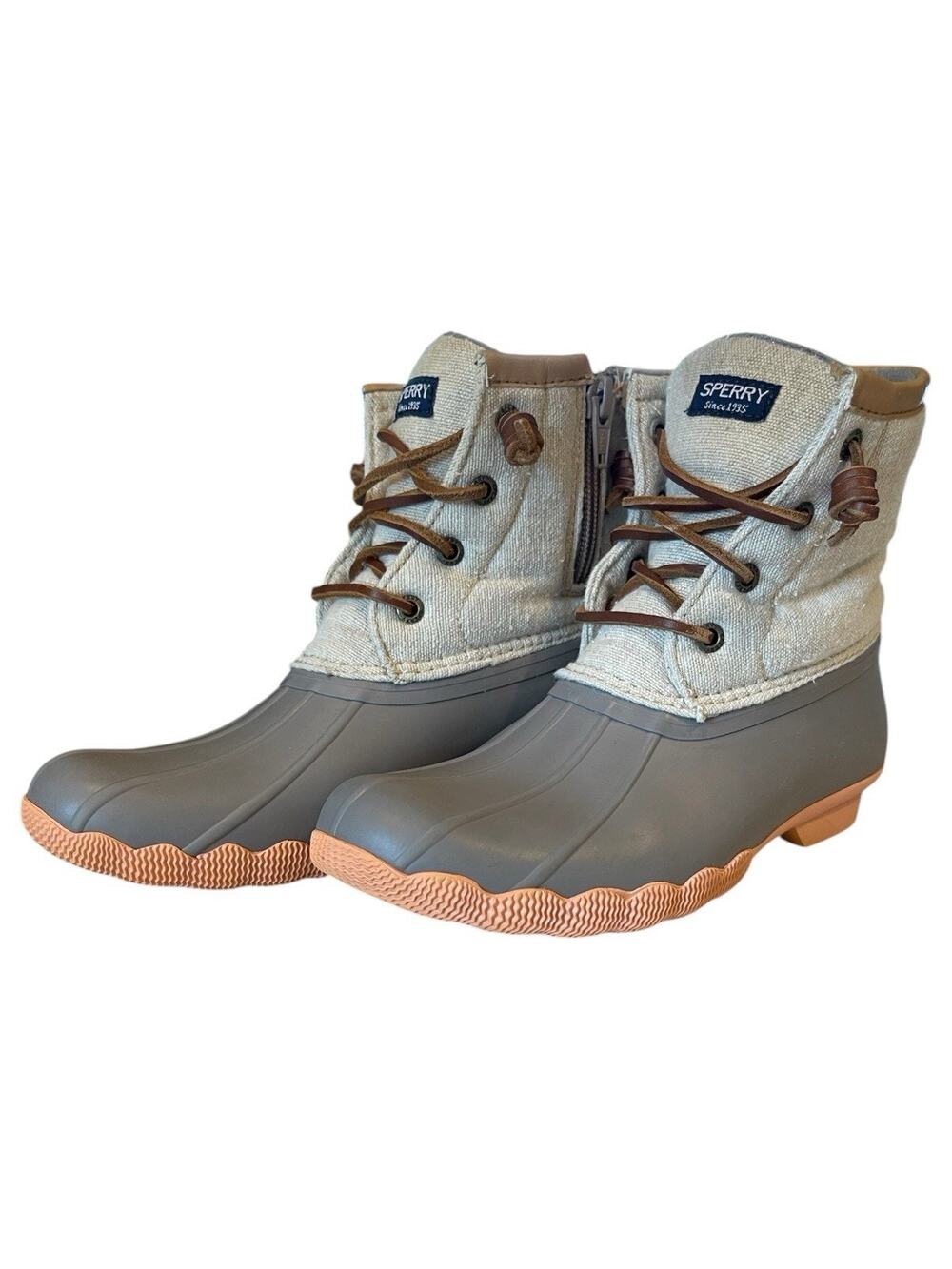 Sperry Top-Sider Kids Duck Boots Size 3M Gray Rubber Beige Canvas Side Zip